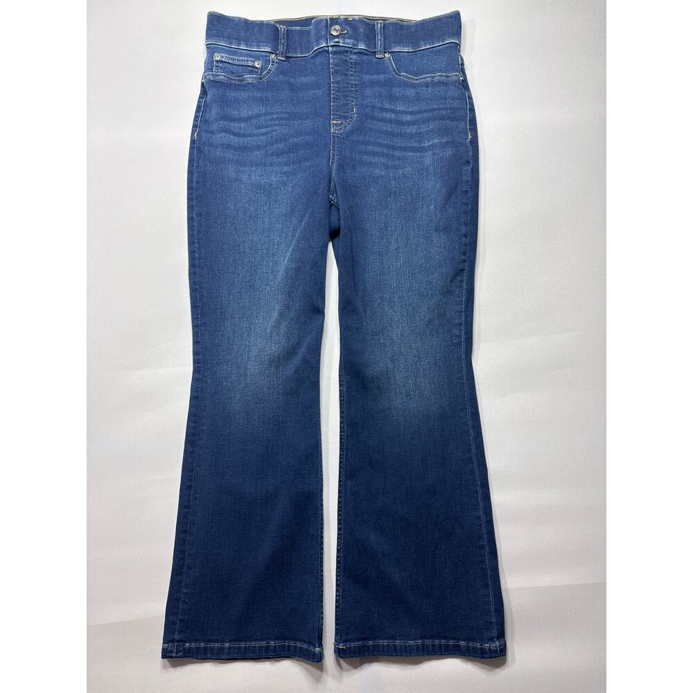 SPANX Women's Flare Leg Pull On Blue Stretch Jeans - Size L Reg (33x26)
